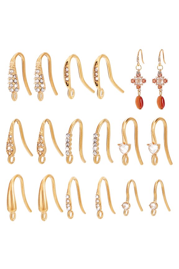 16Pcs 8 Styles 304 Stainless Steel Earring Hooks Ear Wire with Vertical Loop Golden 14~17x12~15mm 2pcs/style DIY