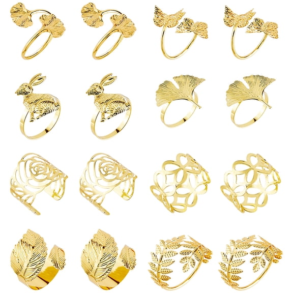 16Pcs 8 Styles Alloy Napkin Rings Napkin Holder Adornment for Place Settings Golden Mixed Shapes 40.5~54.5x42.5~57.5x26~47.5mm 2pcs/style