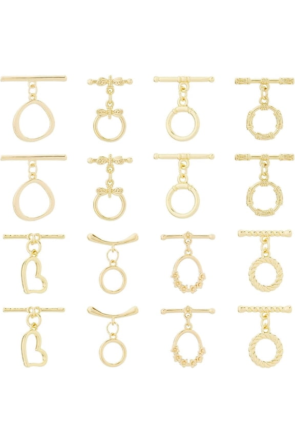 16Pcs 8 Styles Brass Toggle Connectors Textured Toggle Clasp Findings Round Heart T-bar Closure Clasps Buckle Jewelry Clasps for DIY Bracelet Necklace Craft Kits Making