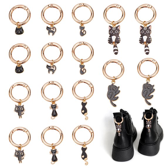 16Pcs 8 Styles Cat Shape Alloy Enamel Shoes Charms with Golden Alloy Spring Gate Rings Black 40~65mm 2pcs/style