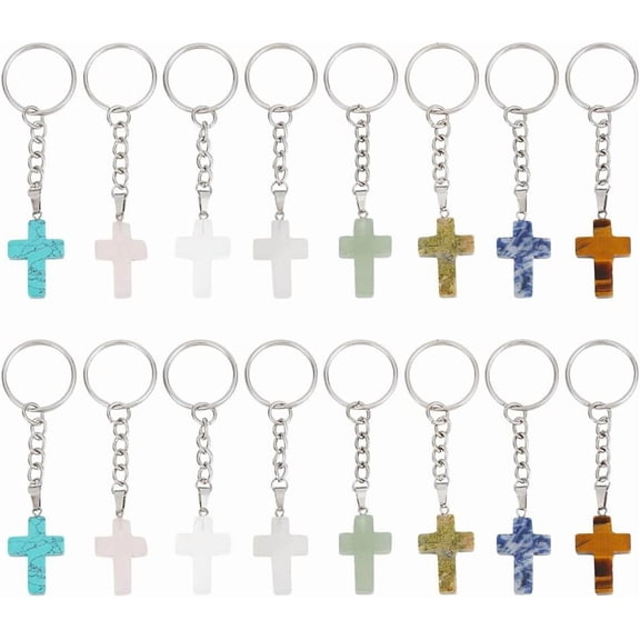 16Pcs 8 Styles Gemstone Cross Keychain with Iron Split Key Rings 90mm 2pcs/style