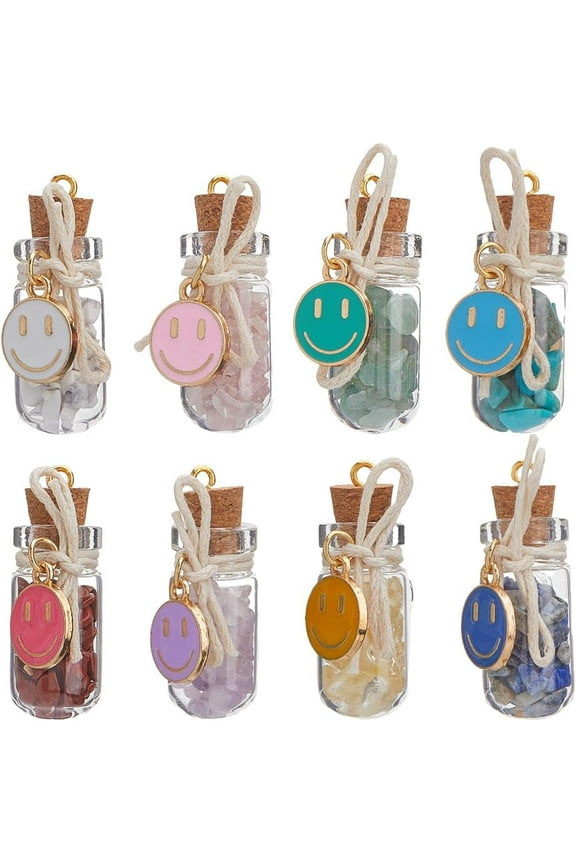 16Pcs 8 Styles Glass Bottle Pendants Gemstone Bottles Charms Wishing Bottle Pendants with Face Charms Gemstone Chip Filling Pendants Creative Charms for Jewelry Keychain Making