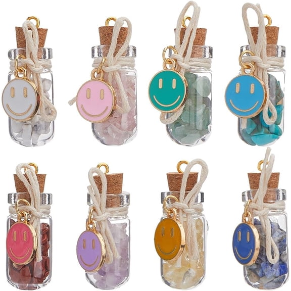 16Pcs 8 Styles Glass Wishing Bottle Pendants with Mixed Gemstone Chip Beads and Alloy Enamel Pendants Smiling Face Mixed Color 34.5x28.5mm Hole: 1.8mm 2pcs/style