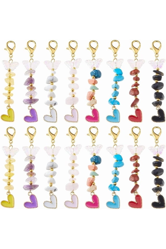 16Pcs 8 Styles Natural Gemstone Chips Pendants Clip on Charms Stone Pendant Decoration Zipper Pull Charms Stone Chip Heart Pendants with Lobster Claw Clasps for for Keychain Backpack Colorful DIY