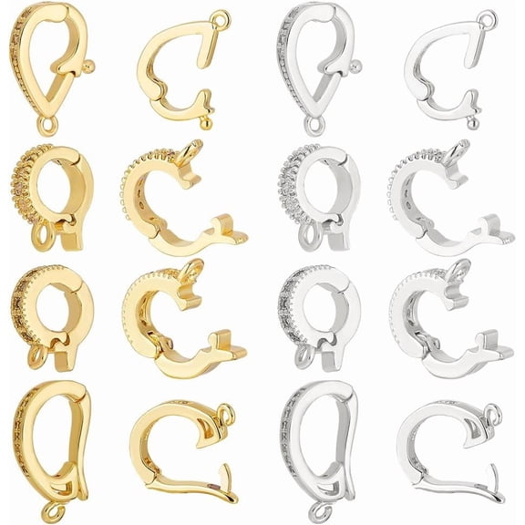 16Pcs 8 Styles Necklace Shortener Enhancer Clasps Brass Cubic Zirconia Diamond Connector Openable Pearl Enhancer Click Lock Clasp for DIY Jewelry Findings Crafts Making Necklace Bracelet