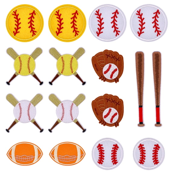 16Pcs 8 Styles Polyester Iron on/Sew On Patches Hot Melt Adhesive Cloth Appliques Baseball Mixed Color 50~128x17~67x1~1.5mm 2pcs/style