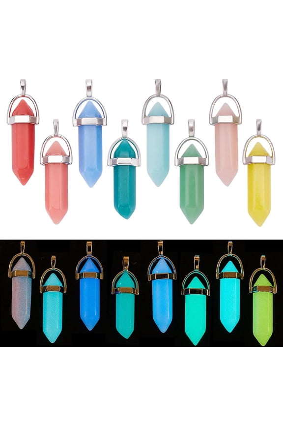 16Pcs 8Colors Glow in the Dark Pendant Luminous Stone Pendants with Platinum Tone Iron Findings Pendant for DIY Necklace Colorful