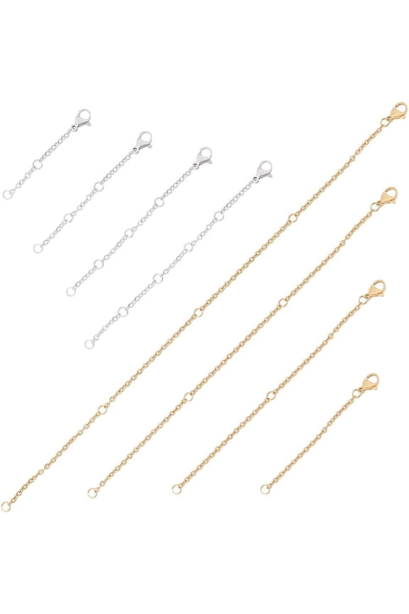 16Pcs 8Style Chain Extenders for Necklaces Stainless Steel Cable Chain Extension Adjustable Chain Links with Lobster Clasp for DIY Jewelry Making Bracelet Anklet Accessories Gold Silver