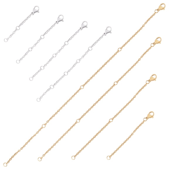16Pcs 8Style Chain Extenders for Necklaces Stainless Steel Cable Chain Extension Adjustable Chain Links with Lobster Clasp for DIY Jewelry