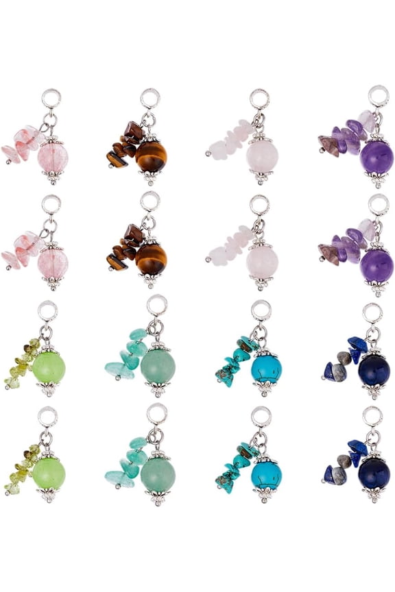 16Pcs 8Styles Natural Gemstone Link Connectors Crystal Gemstone Nuggets Pendant Colorful Beads Charm with Silver Tone for European Chain Bracelet Necklace DIY Jewelry Making Supplies