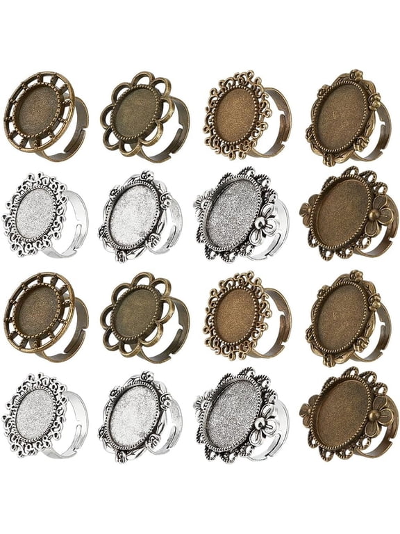 16Pcs Adjustable Alloy Finger Rings Components Bezel Cup Ring Settings Flower Flat Round Silver Bronze Inner Diameter: 17-17.3mm Tray: 14-20mm