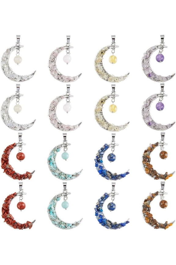 16Pcs Amethyst Tiger Eye Citrine Rose Quartz Moonstone Amazonite Lazuli Red Jasper Chip Round Pendants Alloy Moon Charms Silver 42x36x8mm Hole: 6x4mm