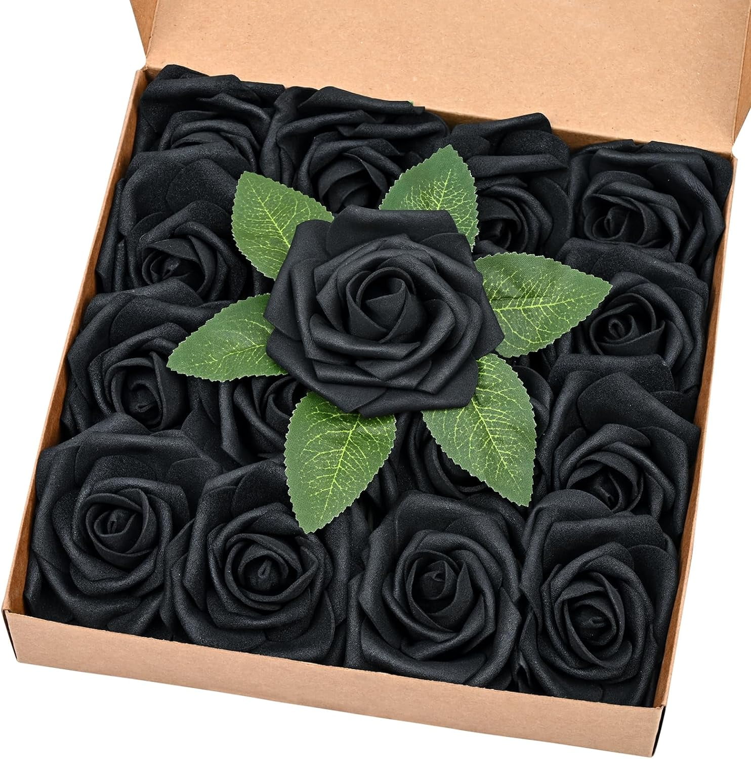 16Pcs Artificial Flowers Fake Roses with Stems, Black Boxed Foam Roses ...