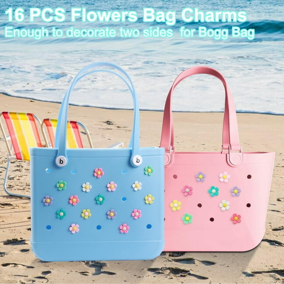16Pcs Bogg Bag Accessories Charms, Flowers Bogg Bag Charms for Small & Large Beach Tote Charms, Decorative Accessories to Customize Your Beach Tote Bag, Multicolor