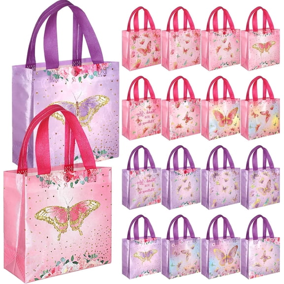 16Pcs Butterfly Gift Bags Pink and Purple Reusable Totes with Handles Non Woven Butterfly Stylish Candy Bags for Birthday Party