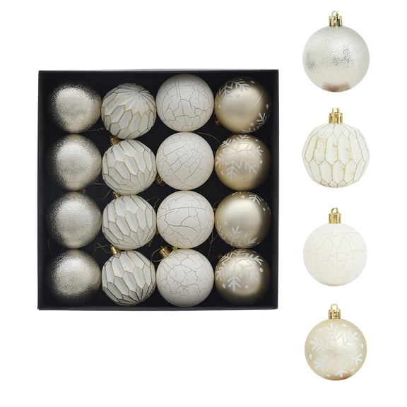 16Pcs Champagne Gold Christmas Ball Ornaments , Ivory Glitter Faceted and Snowflake Baubles in Gift Box for Tree Decor
