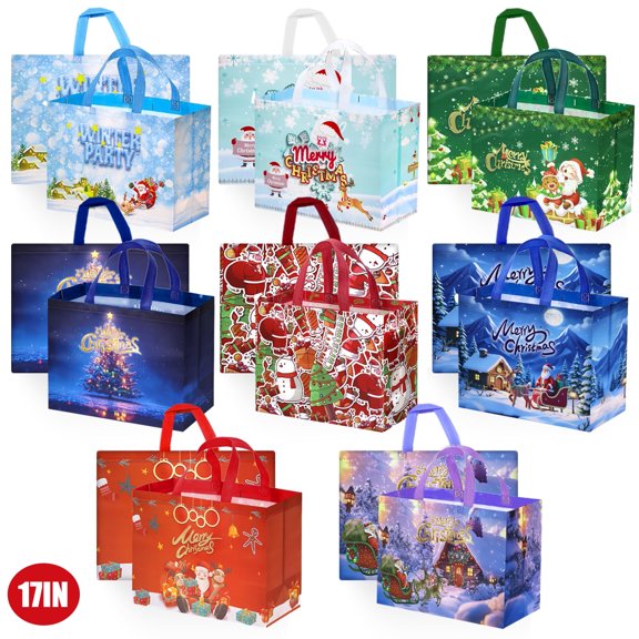 16Pcs Christmas Gift Bags, Christmas Tote Bags with Handles, Reusable Non-Woven Shopping Bags for Xmas Gifts Wrapping Holiday Party Supplies, 17.2"×12.8"×7.2"
