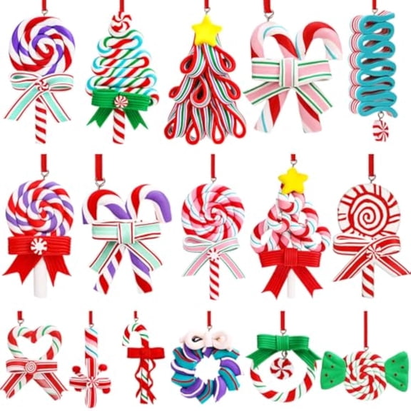 16Pcs Christmas Lollipop Ornaments, Candy Christmas Tree Decorations Colorful Mini Candy Cane Hanging Ornaments Polymer Clay Peppermint Pendants for Xmas Tree Party Home Decorations
