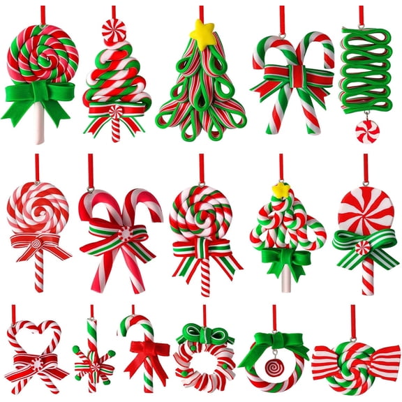 16Pcs Christmas Lollipop Ornaments, Candy Christmas Tree Decorations Colorful Mini Candy Cane Hanging Ornaments Polymer Clay Peppermint Pendants for Xmas Tree Party Home Decorations