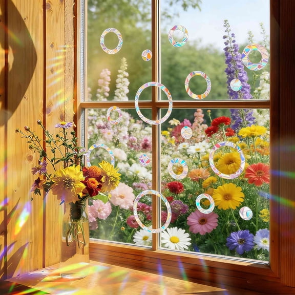 16Pcs Circle Window Decals, Anti Collision Window Decals for Bird Strikes, Rainbow Clings for Glass Windows