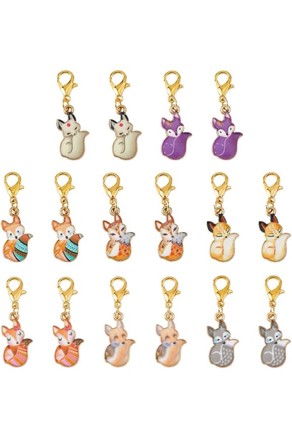 16Pcs Clip on Charm Pendants 8 Colors Enamel Animal Charms with Lobster Clasps Fox Alloy Zipper Pendants for Bag Purse Keychain Necklace Jewelry Making DIY Crafts