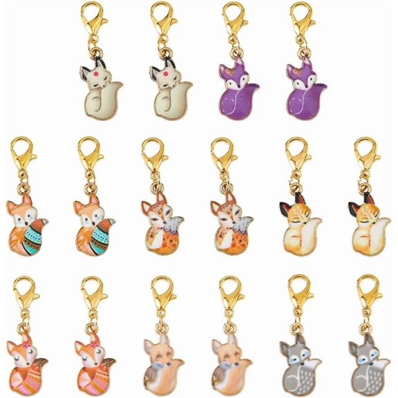 16Pcs Clip on Charm Pendants 8 Colors Enamel Animal Charms with Lobster Clasps Fox Alloy Zipper Pendants