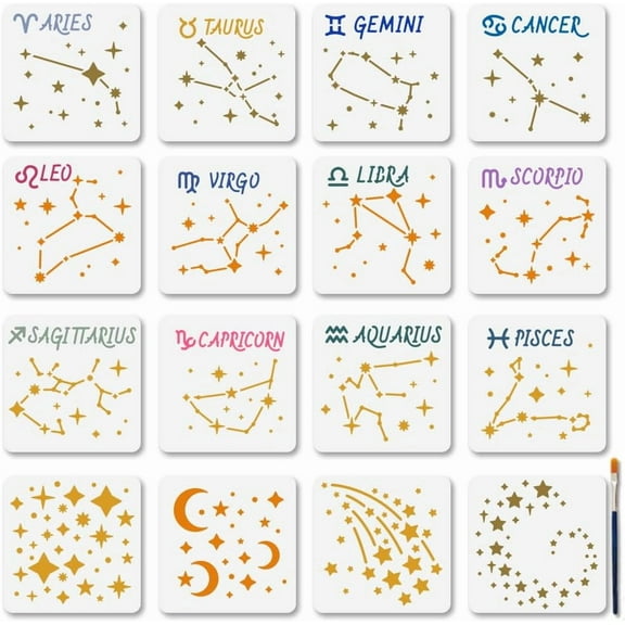 16Pcs Constellation Celestial Painting Stencils Set (5.9x5.9 Inch) - Reusable Moon Stars Templates with Brush for Wall Wood Window Art Decor