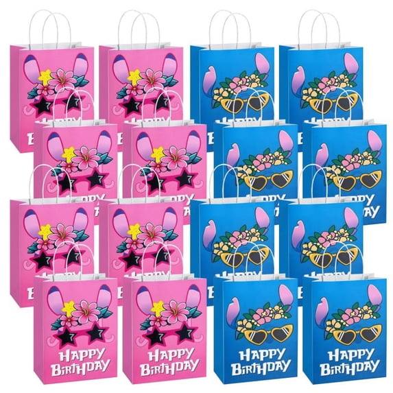 16Pcs Cute Cartoon Blue Pink Birthday Party Gift Bags/Candy Boxes, Tote Bags,Hawaiian Party Favor Bags with Handles for Cartoon Animation Theme Party Decoration Supplies