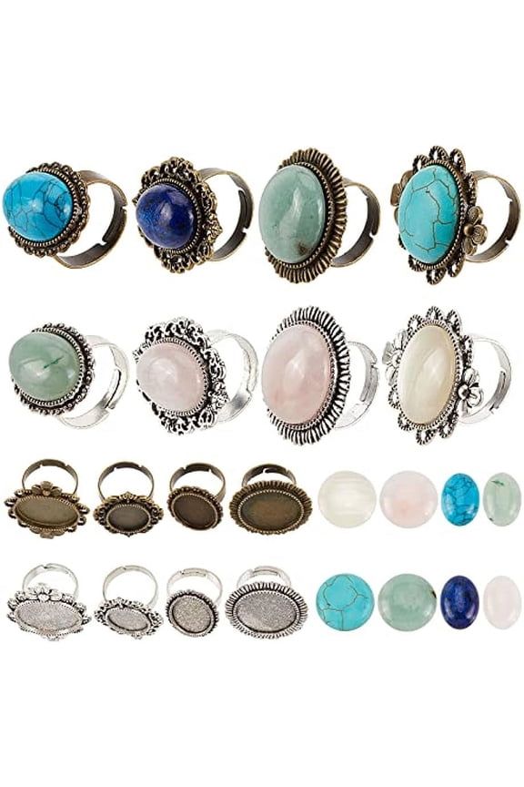 16Pcs DIY 8 Sets Ring Bezel Blanks Natural Stone Cabochons Antique Style Adjustable Finger Ring Blank Components Gemstone Rings Making Kit Oval Round Flat Cabochon for Jewelry Making Kits
