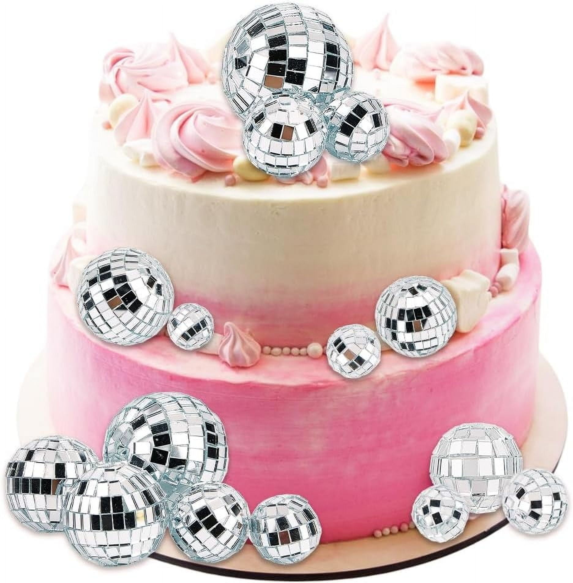 16Pcs Disco Silver Cake Toppers Ball Cake Decorations Small Plastic 5 Sizes 70s 80s Glass Mirror Round Dance Party Themed Balls