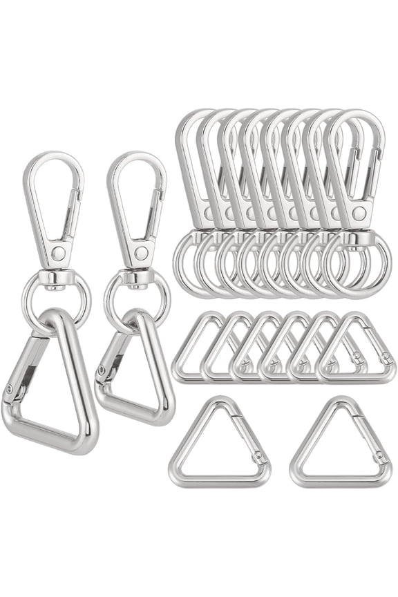16Pcs Double Opening Swivel Snap 360 Degree Zinc Alloy Key Chain Trigger Clips 2 Size Triangular Buckle with Ring for Bags Backpack Strap Keychains Lanyards Jewelry Findings Platinum Silver