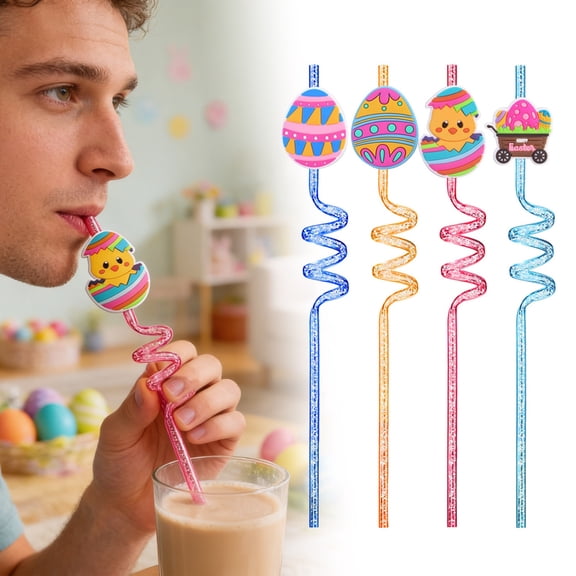 16Pcs Easter Paper Straws Drinking Straw Cute Pastel Easter Egg Bunny Rabbit Striped Disposable Straws for Easter Spring Party Supplies, 4 Designs