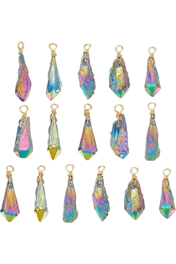16Pcs Electroplated Raw Rough Quartz Copper Wire Wrapped Pendants Teardrop Charms Light Gold Colorful 27~34.5x7~8x4.5~6mm