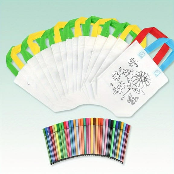 16Pcs Fabric Bag Set with 36Pcs Colourful Doodle Pens Kit, Non-Woven Painting Bags Ideal for Birthday Parties, Schools