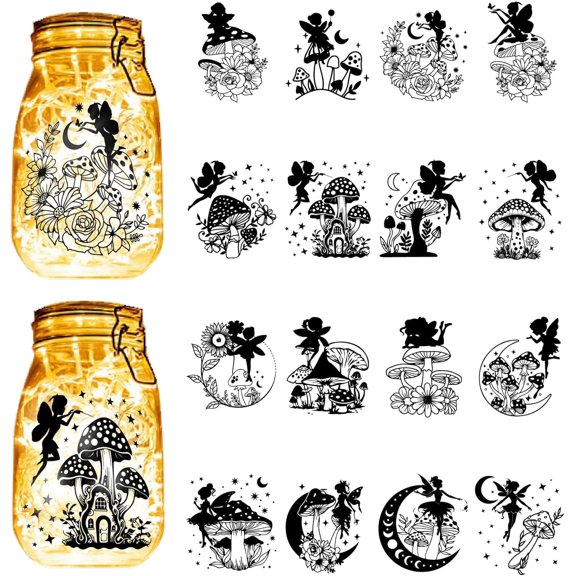 16Pcs Fairy Angel Silhouettes Mason Jar Decor Mushroom Laser Cut Cardboard Scrapbook Cutouts Die Cuts PVC for Crafting Lantern Jars Wall Painting window Glass Phones 3.9x3.5Inch-No Sticker for DIY