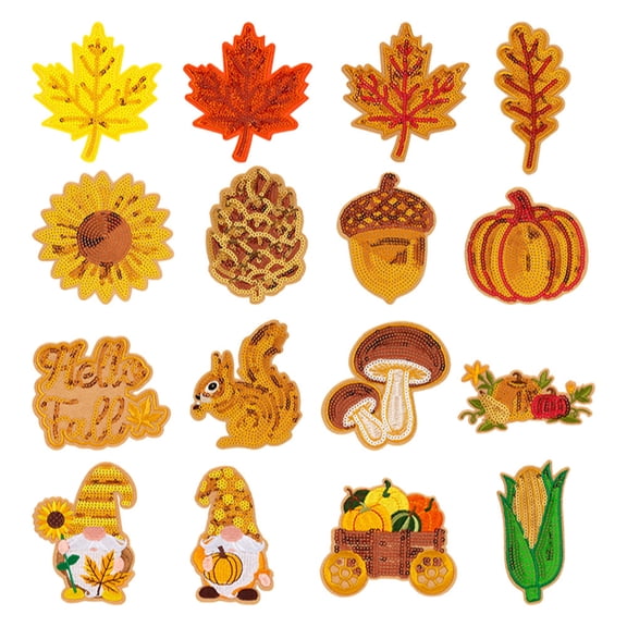 16Pcs Fall Harvest Embroidery Patches, Maple Leaf Pumpkin Sunflower Iron On Applique
