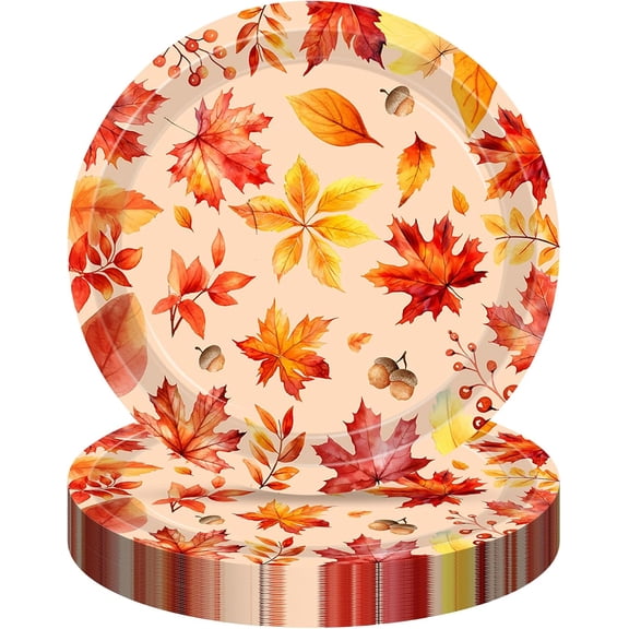 16Pcs Fall Thanksgiving Paper Plates, Autumn Maple Leaf Round Plates