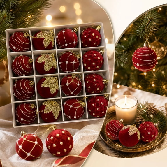 16Pcs Flocked Christmas Ball Ornaments Xmas Tree Hanging Decor, 2.36 ...