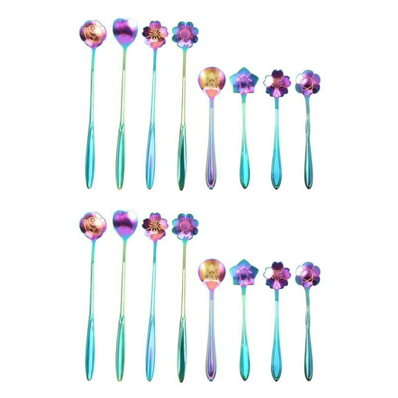 16Pcs Flower Spoon Set, 2 Different Size Colorful Stainless Steel Teaspoons Rainbow Coffee Stirring