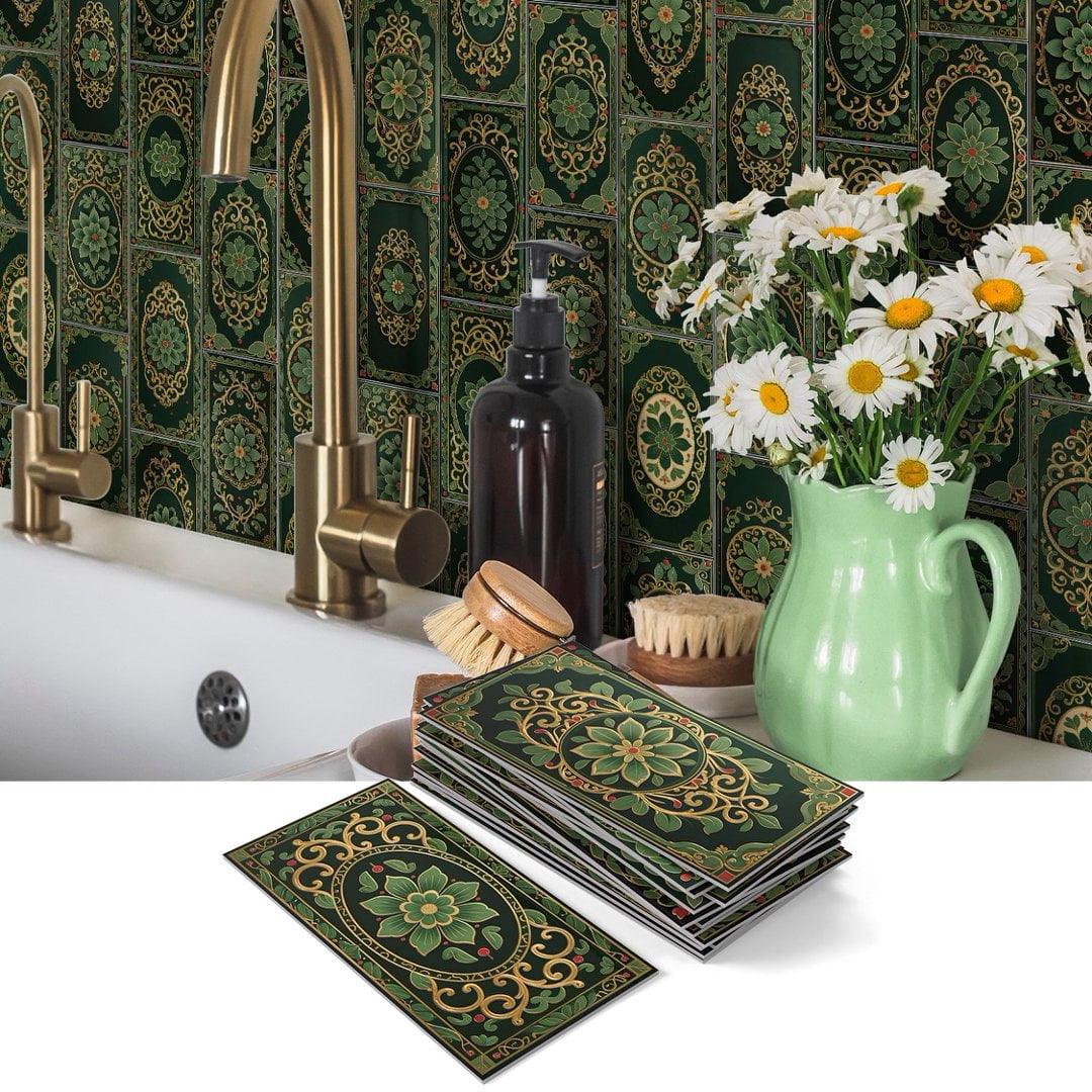 16Pcs Foaming Board Vinyl Tiles Stickers Wall Decals 8" x 4" Green Gold Flowers Pattern Waterproof Peel and Stick Backsplash Mural