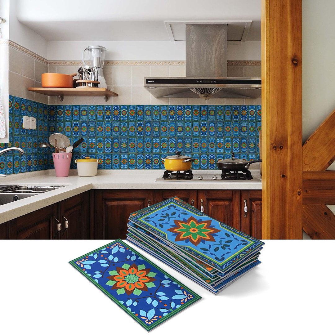 16Pcs Foaming Board Vinyl Tiles Stickers Wall Decals 8" x 4" Waterproof Peel and Stick Backsplash Blue Green Orange Flowers Pattern Mural