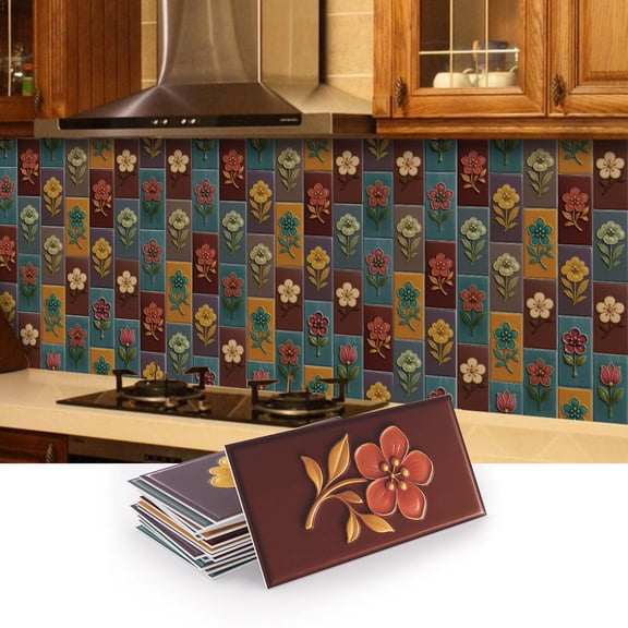 16Pcs Foaming Board Vinyl Tiles Stickers Wall Decals Multicolor Flowers Pattern 8" x 4" Waterproof Peel and Stick Backsplash Mural