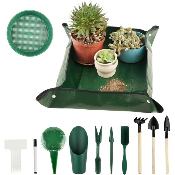 16Pcs Garden Tools, Mini Garden Hand Transplanting Succulent Tools Set, 19.6" Thickened Plant Repotting Mat & Succulent Hand Tools, Plants Transplanting Supplies for Indoor Outdoor Fairy Care, Cactus