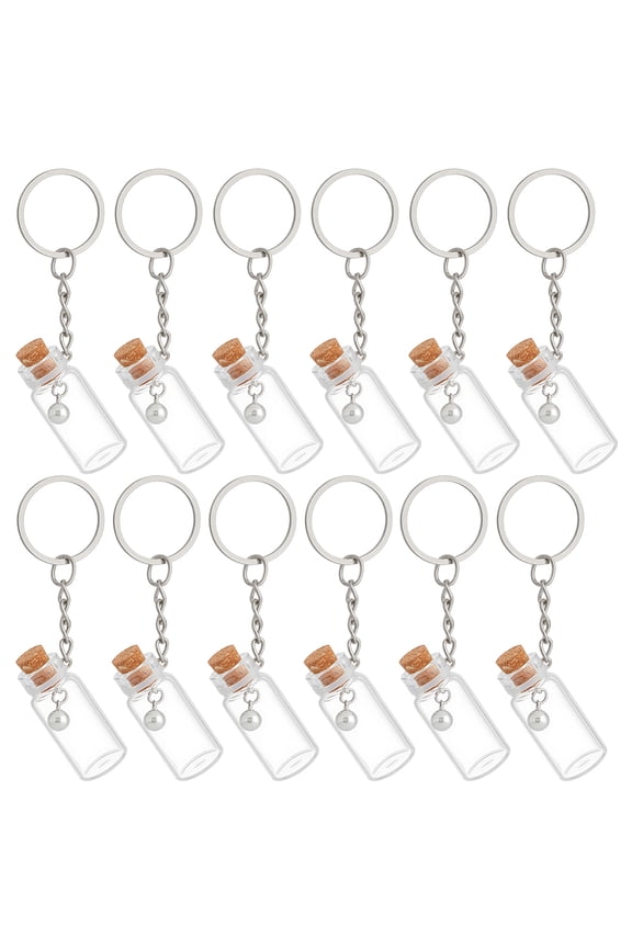 16Pcs Glass Bottle Keychains with Iron Rings Platinum 84mm Clear