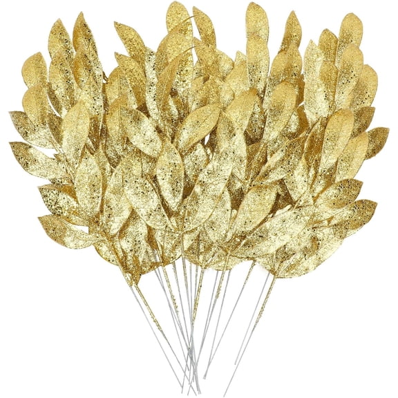 16PCS Glitter Christmas Leaves, Gold Glitter Artificial Leaves for Centerpieces Xmas Tree Ornaments Vase Garland Wreath Home Garden Décor