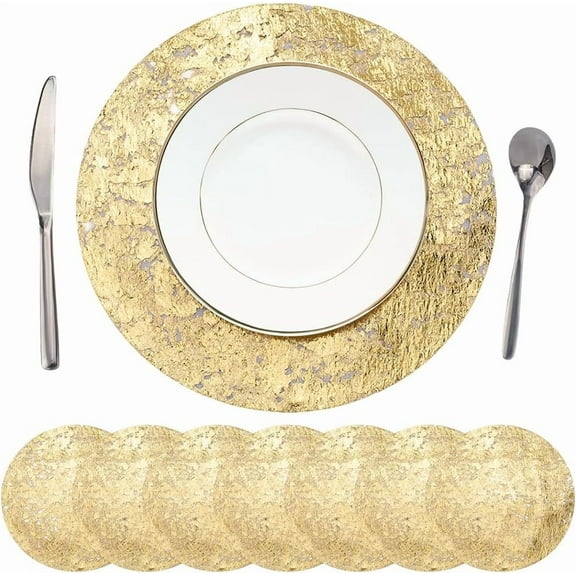 16Pcs Gold Foil Placemats Glitter Table Mats 33cm Round Mesh Pressed Placemat Luxury Dining Table Decor Decoration Centerpieces for Party Birthday Wedding Christmas New Years Festive