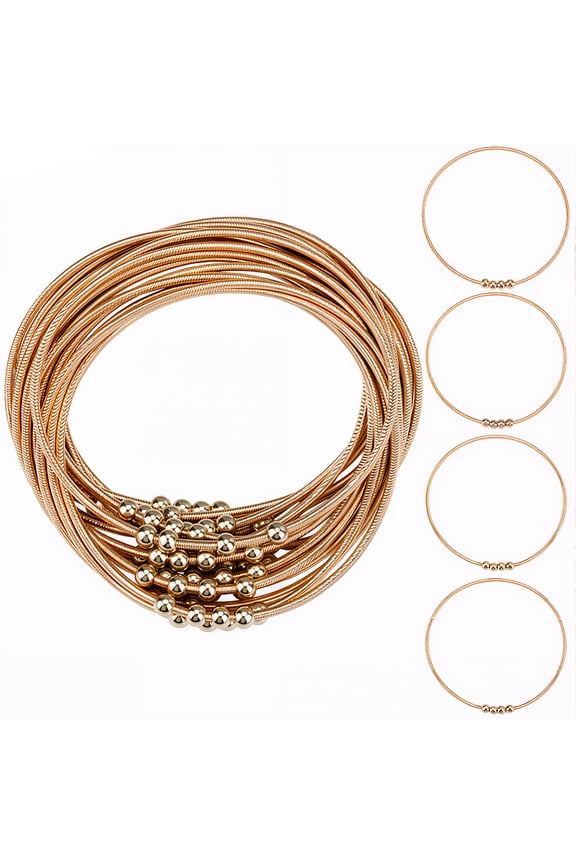 16Pcs Guitar String Bracelet Gold Stackable Stretch Bracelets Bulk Shiny Beads Plain Color Multi Strand Stainless Steel Coil Bangles Golden