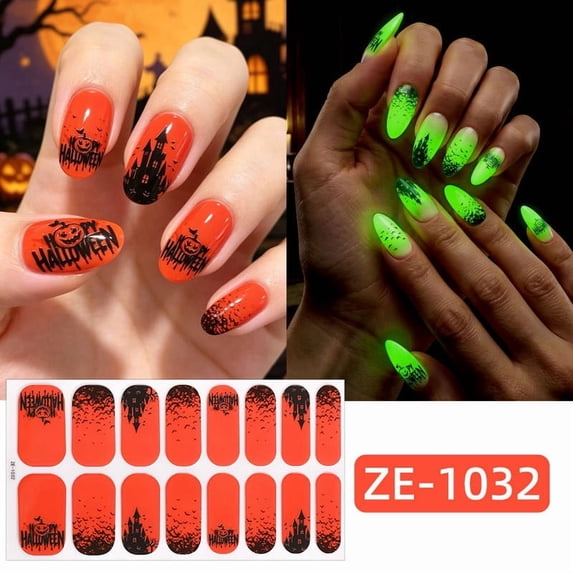 16Pcs Halloween Press on Nails Medium Almond Fake Nails with Glow In Dark Design, Skull Ghost Web Nail Tips for Women Halloween Party