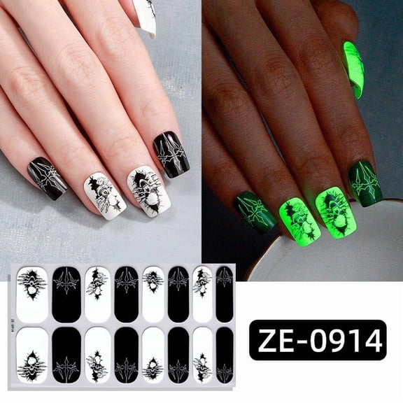 16Pcs Halloween Press on Nails Medium Almond Fake Nails with Glow In Dark Design, Skull Ghost Web Nail Tips for Women Halloween Party