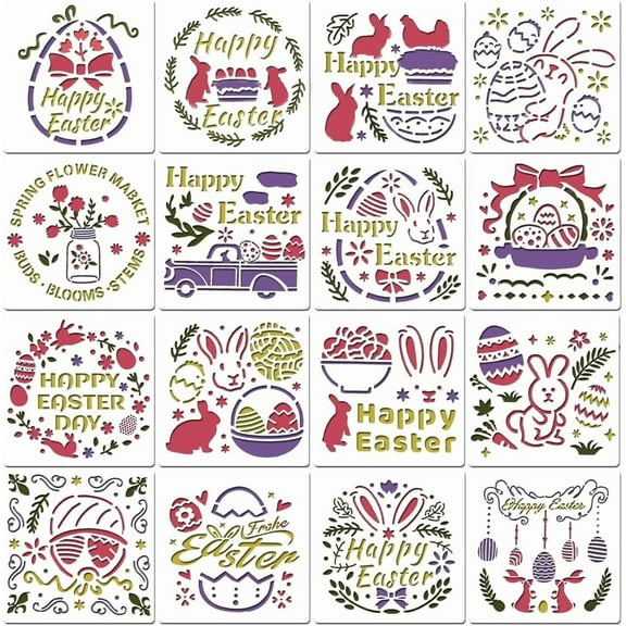 16Pcs Happy Easter Stencils 13x13cm Easter Eggs Rabbit Template Bunny Hens Spring Theme Stencils Signs Plastic Drawing Template for Painting on Wall Wood Fabric Scrapbook DIY Crafts Decor DIY